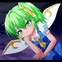 Rule 34 | 1girl, ascot, cloud, collarbone, daiyousei, dutch angle, fairy wings, female focus, green eyes, green hair, hair ribbon, head rest, letterboxed, looking at viewer, matching hair/eyes, open hand, pout, ribbon, short hair, short sleeves, side ponytail, sidelocks, sitting, skirt, skirt set, solo, touhou, twilight, waribashi-p, wings