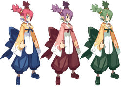 Rule 34 | 3girls, alternate color, bow, breasts, character sheet, chinese clothes, cleavage, clenched hand, clenched hands, disgaea, disgaea d2, female brawler (disgaea), full body, green hair, hakama, hakama pants, harada takehito, japanese clothes, lineup, martial artist (disgaea), multiple girls, official art, pants, purple hair, red hair, shoes, short hair, short twintails, standing, twintails