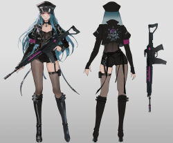 Rule 34 | 1girl, armband, assault rifle, asymmetrical legwear, black choker, black headwear, black jacket, black shorts, blue hair, boots, breasts, choker, concept art, crop top, crop top overhang, cropped jacket, grey background, gun, hat, highres, holding, holding weapon, jacket, knee boots, legs, long hair, medium breasts, messy hair, multiple views, okku, open clothes, open jacket, original, pantyhose, pendant choker, pink eyes, police hat, pouch, purple armband, rifle, shorts, skull print, thigh pouch, weapon