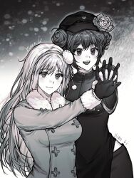 2girls absurdres axis_powers_hetalia blush breasts china_(female)_(hetalia) china_(hetalia) coat double_bun flower fur-trimmed_coat fur_trim genderswap genderswap_(mtf) gloves greyscale hair_bun hairband hat hat_flower highres holding_hands long_hair long_sleeves monochrome multiple_girls open_mouth ribbon russia_(female)_(hetalia) russia_(hetalia) shirt smile upper_body yuanli804