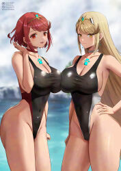 2girls absurdres asymmetrical_docking beach black_one-piece_swimsuit blonde_hair blurry blurry_background breast_press breasts choker circlet cleavage closed_mouth cloud cloudy_sky collarbone competition_swimsuit core_crystal_(xenoblade) covered_erect_nipples covered_navel earrings grey_sky hand_on_own_hip highleg highres jewelry large_breasts long_hair looking_at_viewer medium_hair multiple_girls mythra_(xenoblade) one-piece_swimsuit open_mouth outdoors pyra_(xenoblade) red_choker red_eyes red_hair sky smile swept_bangs swimsuit symmetrical_docking very_long_hair water white_choker xenoblade_chronicles_(series) xenoblade_chronicles_2 yamamori_kinako yellow_eyes