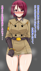 Rule 34 | 1girl, armlet, belt, black gloves, blush, bracelet, breasts, buttons, choker, cowboy shot, cum, cumdrip, drooling, earrings, gloves, highres, jewelry, large breasts, looking at viewer, microskirt, military, military uniform, nose blush, okyou, purple eyes, purple hair, pussy juice, short hair, skirt, skirt tug, solo, steam, sweat, the king of fighters, translation request, uniform, whip (kof)