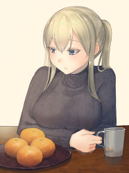 Rule 34 | 1girl, alternate costume, blonde hair, blue eyes, breast rest, breasts, breasts on table, cup, food, fruit, graf zeppelin (kancolle), grey sweater, hair between eyes, highres, kantai collection, looking to the side, mandarin orange, masukuza j, mug, orange (fruit), plate, ribbed sweater, sidelocks, simple background, solo, sweater, table, tsurime, twintails, upper body, white background