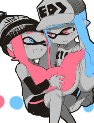 Rule 34 | 2girls, baseball cap, beanie, bike shorts, blue eyes, blue hair, blush, fang, grabbing another&#039;s hair, hat, highres, inkling, inkling girl, inkling player character, long hair, looking at another, multiple girls, nintendo, one eye closed, open mouth, pink eyes, pink hair, short sleeves, simple background, splatoon (series), splatoon 1, spot color, suurin (ksyaro), tentacle hair, wavy mouth, white background, yuri