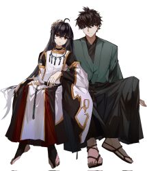 Rule 34 | 1boy, 1other, ahoge, androgynous, black hair, black hakama, blue eyes, blue kimono, detached sleeves, fate/grand order, fate/samurai remnant, fate (series), hair down, hair intakes, hakama, hand on another&#039;s head, highres, japanese clothes, jewelry, jiang (bolidididi), katana, kimono, long hair, miyamoto iori (fate), necklace, partially toeless legwear, red eyes, sidelocks, sitting, sword, topknot, very long hair, waraji, weapon, white background, yamato takeru (fate), yamato takeru (third ascension) (fate)