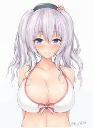 Rule 34 | 10s, 1girl, alternate costume, bare shoulders, beret, bikini, blue eyes, blush, breasts, cleavage, collarbone, dated, front-tie top, hat, heart, heart-shaped pupils, kantai collection, kashima (kancolle), kuavera, large breasts, long hair, looking at viewer, midriff, sidelocks, silver hair, smile, swimsuit, symbol-shaped pupils, twintails, twitter username, upper body, wavy hair