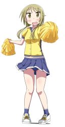 Rule 34 | 1girl, blonde hair, blue panties, blue skirt, blue socks, cheerleader, commentary request, full body, holding, holding pom poms, ichii yui, ki (adotadot), long hair, looking at viewer, panties, pleated skirt, pom pom (cheerleading), pom poms, shirt, shoes, skirt, sneakers, socks, solo, standing, underwear, yellow eyes, yellow shirt, yuyushiki