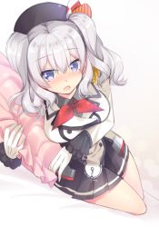 Rule 34 | 10s, 1girl, blue eyes, gloves, kantai collection, kashima (kancolle), hugging object, pillow, pillow hug, ringo sui, silver hair, skirt, solo, twintails, uniform, wavy hair