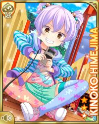 1girl, blue jacket, blue shorts, brown eyes, card (medium), character name, closed mouth, day, food themed hair ornament, game boy, girlfriend (kari), hair ornament, handheld game console, himejima kinoko, jacket, leggings, legs crossed, official art, outdoors, pink shirt, playground, purple hair, qp:flapper, shirt, shoes, short hair, shorts, sitting, smile, sparkle, striped, striped jacket, twintails, younger