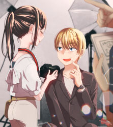 Rule 34 | 1girl, 2boys, :d, belt, black shirt, blonde hair, blush, brown bag, brown belt, brown hair, brown pants, camera, chocotomamenoki, facing another, highres, holding, holding camera, kaguya-sama wa kokurasetai ~tensai-tachi no renai zunousen~, looking at another, multiple boys, open mouth, pants, ponytail, shinomiya kaguya, shirogane miyuki, shirt, short hair, short sleeves, shy, smile, watch, wristwatch