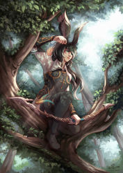Rule 34 | 1girl, absurdres, animal ears, arm guards, arrow (projectile), warrior of light (ff14), black hair, boots, bow (weapon), closed mouth, commission, day, facial mark, final fantasy, final fantasy xiv, forest, green eyes, highres, lips, long hair, multicolored hair, nature, onyrica, outdoors, rabbit ears, signature, solo, swept bangs, thigh boots, thighhighs, tree, two-tone hair, viera, watermark, weapon, web address