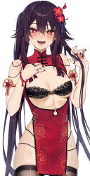 Rule 34 | 1girl, absurdres, bare shoulders, bead bracelet, beads, black bra, black nails, blush, bra, bracelet, breasts, brown hair, center opening, china dress, chinese clothes, cowboy shot, dress, fangs, genshin impact, hand in own hair, hand on own chest, highres, hu tao (genshin impact), jewelry, long hair, looking at viewer, nail polish, open mouth, panties, pelvic curtain, red dress, red eyes, ring, small breasts, solo, string panties, symbol-shaped pupils, thighhighs, twintails, underboob, underwear, very long hair, vitaminechan