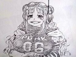 Rule 34 | 1girl, arms under breasts, artist request, blush stickers, breasts, breasts squeezed together, crossed arms, freckles, gloves, hair ornament, jacket, large breasts, long hair, monochrome, one piece, open mouth, smile, solo, traditional media, twintails, upper body, vegapunk york