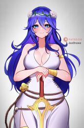 Rule 34 | 1girl, blue eyes, blue hair, breasts, cleavage, dress, falchion (fire emblem), highres, jaxdrawz, large breasts, long hair, lucina (fire emblem), official alternate costume, shiny skin, smile, solo, sword, tagme, weapon, white dress