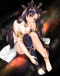 Rule 34 | 1girl, anklet, armlet, asymmetrical legwear, asymmetrical sleeves, barefoot, black hair, black ribbon, black thighhighs, breasts, bridal gauntlets, choker, cleavage, collarbone, detached sleeves, fate/grand order, fate (series), feet, full body, hair between eyes, hair ribbon, head tilt, highres, ishtar (fate), jewelry, kurozawa yui, long hair, medium breasts, red eyes, ribbon, shiny clothes, shiny skin, sitting, sky, smile, solo, star (sky), starry sky, strapless, thighhighs, toes, twintails, two side up, uneven legwear, uneven sleeves, very long hair