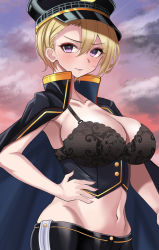 Rule 34 | 1girl, :&gt;, absurdres, blonde hair, blush, breasts, cape, cleavage, dusk, hair between eyes, hat, highres, large breasts, last origin, looking at viewer, midriff, navel, outdoors, pants, police, police hat, police uniform, policewoman, purple eyes, sadius of retribution, seogaeck, short hair, sky, solo, tank top, tight clothes, tight pants, uniform