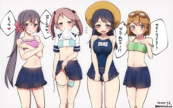 Rule 34 | 10s, 4girls, akebono (kancolle), bad id, bad pixiv id, bandaid, bandaid on face, bell, bikini, bikini pull, black hair, blush, breasts, brown hair, clothes lift, clothes pull, competition school swimsuit, flower, flying sweatdrops, goggles, goggles on head, hair bell, hair bobbles, hair flower, hair ornament, heart, heart-shaped pupils, highres, jingle bell, kantai collection, large breasts, lineup, long hair, looking at viewer, mitsudoue, mouth hold, multiple girls, name tag, navel, oboro (kancolle), one-piece swimsuit, open mouth, pink eyes, pink hair, purple eyes, purple hair, sazanami (kancolle), school swimsuit, school uniform, serafuku, shirt lift, short hair, side ponytail, simple background, skirt, smile, swimsuit, symbol-shaped pupils, tears, translated, twintails, untied bikini, ushio (kancolle), very long hair
