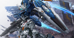 Rule 34 | absurdres, arm shield, beam rifle, blue eyes, building, commentary, commentary request, energy gun, english commentary, exhaust, eye trail, feet out of frame, flying, from side, glowing, glowing eye, gun, gundam, gundam aerial rebuild, gundam suisei no majo, highres, holding, holding gun, holding weapon, light trail, looking ahead, mecha, mecha focus, mixed-language commentary, mobile suit, no humans, open hand, profile, robot, ruins, science fiction, solo, sparks, thrusters, trigger discipline, v-fin, veerinly, weapon