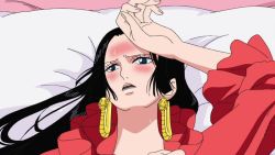 Rule 34 | 1girl, amazon lily, bed, black hair, blue eyes, boa hancock, earrings, feaver, female focus, jewelry, long hair, one piece, red shirt, shirt, solo, sweat