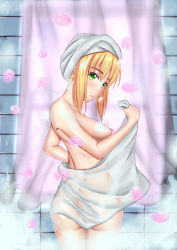 Rule 34 | 1girl, artoria pendragon (all), artoria pendragon (fate), ass, bad id, bad pixiv id, blonde hair, breasts, bubble, crow (glhtca), fate/stay night, fate (series), green eyes, highres, naked towel, nipples, saber (fate), shower curtain, small breasts, solo, topless, towel, towel on head, type-moon