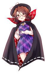 Rule 34 | 1girl, bow, brown eyes, brown hair, cape, clothes writing, glasses, gloves, hat, highres, long sleeves, looking down, low twintails, open mouth, plaid, quimbaya airplane, red-framed eyewear, ribbon, school uniform, shirt, short hair, simple background, skirt, smile, solo, touhou, twintails, uranaishi (miraura), usami sumireko