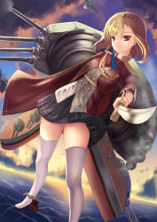 Rule 34 | 1girl, absurdres, azur lane, blonde hair, cape, dutch angle, epaulettes, highres, looking at viewer, nekobell, prince of wales (azur lane), red cape, red eyes, rigging, saber (weapon), short hair, solo, sword, thighhighs, turret, water, weapon, white thighhighs
