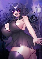 Rule 34 | 1girl, absurdres, ahoge, bare shoulders, black dress, black hair, breasts, curvy, dress, fangs, highres, huge breasts, lamppost, lewdweather, light, long hair, looking at viewer, night, night sky, nyarla (osiimi), open mouth, original, osiimi, purple eyes, sideboob, sky, smile, solo, standing, star (sky), starry sky, thick thighs, thighhighs, thighs, tongue, tree