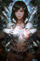 Rule 34 | 1girl, android, bad id, bad tumblr id, belt, black hair, bodysuit, breasts, brown eyes, circuit, covering privates, covering breasts, cyborg, facial mark, facial tattoo, gloves, hair ornament, hairclip, kilart, large breasts, lips, looking at viewer, navel, no nipples, open bodysuit, open clothes, original, realistic, revision, robot, science fiction, short hair, smile, solo, star (symbol), star facial mark, tattoo