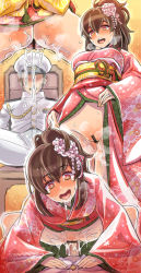 Rule 34 | 10s, 1boy, 1girl, :d, admiral (kancolle), ass, bar censor, blush, brown eyes, brown hair, censored, chair, cleft of venus, gradient background, hair ornament, happy sex, hetero, highres, japanese clothes, jewelry, kantai collection, kimono, looking at viewer, mimonel, open mouth, penis, pointless censoring, pov, pussy, pussy juice, ring, saliva, sex, sitting, smile, sweat, tongue, tongue out, uniform, vaginal, wedding band, yamato (kancolle)