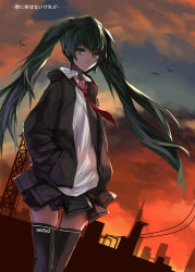 Rule 34 | 1girl, artist name, bad id, bad pixiv id, bird, green eyes, green hair, hand in pocket, hatsune miku, highres, long hair, matching hair/eyes, necktie, skirt, solo, swd3e2, thighhighs, twintails, vocaloid
