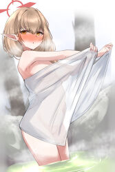 Rule 34 | 1girl, :o, arched back, arms up, blue archive, blush, breasts, chinatsu (blue archive), chinatsu (hot spring) (blue archive), cowboy shot, full-face blush, hair between eyes, halo, highres, holding, holding towel, light brown hair, long hair, looking at viewer, looking to the side, machismo fuji, medium breasts, naked towel, navel, nipples, onsen, outdoors, outstretched arms, parted lips, pointy ears, red halo, see-through, solo, standing, steam, towel, tree, wading, water, wet, yellow eyes