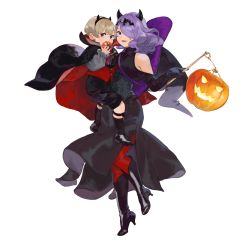 Rule 34 | 1boy, 1girl, ai-wa, black gloves, blonde hair, boots, brother and sister, camilla (fire emblem), cape, dress, fake horns, fire emblem, fire emblem fates, gloves, hair over one eye, halloween costume, high heel boots, high heels, highres, holding, horns, jack-o&#039;-lantern, leo (fire emblem), long hair, nintendo, open mouth, purple hair, red eyes, red legwear, short hair, siblings, simple background, tomato, white background, aged down