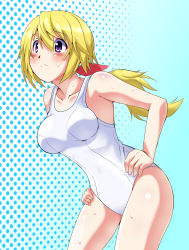 Rule 34 | 10s, 1girl, blonde hair, charlotte dunois, hands on own hips, highres, infinite stratos, kawamura river, long hair, one-piece swimsuit, purple eyes, school swimsuit, solo, swimsuit, wet, white school swimsuit, white one-piece swimsuit