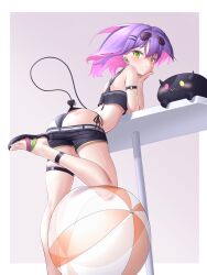 Rule 34 | 1girl, absurdres, arm strap, armpit crease, ass, ball, beachball, bibi (tokoyami towa), bikini, bikini under clothes, black bikini, black shirt, black shorts, border, closed mouth, colored inner hair, crop top, demon tail, ear piercing, eyelashes, eyewear on head, feet, foot out of frame, from behind, green eyes, grey background, hair ornament, hairclip, head rest, highres, hololive, leaning forward, left (left sio), legs, looking at viewer, micro shorts, multicolored hair, piercing, pink hair, pointy ears, purple hair, sandals, shiny skin, shirt, shorts, side-tie bikini bottom, skindentation, solo, standing, standing on one leg, sunglasses, swimsuit, tail, tail ornament, tail piercing, thigh strap, thighs, toes, tokoyami towa, virtual youtuber, white border