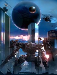 Rule 34 | aircraft, city, from behind, helicopter, highres, looking up, mecha, military, military vehicle, no humans, orb, original, rapama, robot, science fiction, solo focus