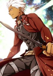 Rule 34 | 1boy, 2015, archer (fate), brown eyes, dark-skinned male, dark skin, dated, fate/stay night, fate (series), holding, holding sword, holding weapon, male focus, nina (pastime), silver hair, solo, stance, sword, twitter username, weapon