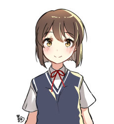 Rule 34 | 1girl, bad id, bad pixiv id, black vest, blush, brown eyes, brown hair, closed mouth, collared shirt, copyright request, hair between eyes, moong gya, neck ribbon, red ribbon, ribbon, school uniform, shirt, short sleeves, simple background, smile, solo, vest, white background, white shirt