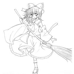Rule 34 | 1girl, :d, animal ears, blush, broom, cat ears, cat girl, cat tail, catbell, detached sleeves, dress, female focus, full body, greyscale, hakurei reimu, holding, long hair, looking at viewer, monochrome, open mouth, simple background, smile, solo, standing, tail, touhou, white background