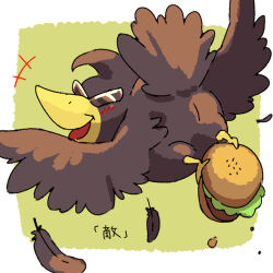 Rule 34 | animal focus, bird, black bird, black feathers, blush, burger, commentary request, crow, feathers, food, holding, holding burger, holding food, looking back, mother (game), mother 2, nintendo, no humans, open mouth, shifumame, solo, spiteful crow, sunglasses, tinted eyewear, translation request