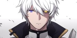 Rule 34 | 1boy, absurdres, blue eyes, close-up, closed mouth, crying, crying with eyes open, glowing, glowing eye, hair between eyes, hair over one eye, heterochromia, highres, honkai (series), honkai impact 3rd, kaixuan lushang, kevin kaslana, looking at viewer, short hair, simple background, solo, tears, white background, white hair, yellow eyes