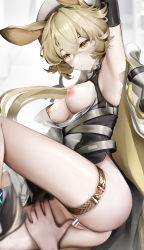 Rule 34 | 1girl, absurdres, animal ears, arknights, arm up, bar censor, black gloves, black shirt, blonde hair, bottomless, breasts, breasts out, censored, dorothy (arknights), elbow gloves, fingering, gloves, hair between eyes, hat, highres, light smile, long hair, looking at viewer, medium breasts, mouse ears, mouse girl, nipples, nopetroto, open clothes, open shirt, pussy, pussy juice, revision, shirt, simple background, solo focus, thigh strap, two-tone shirt, very long hair, white background, white headwear, white shirt, yellow eyes