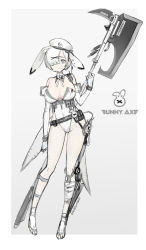 Rule 34 | 1girl, @ @, absurdres, animal ear fluff, animal ears, animal print, axe, bandaged leg, bandages, bare shoulders, black ribbon, border, bow, cable, closed mouth, contrapposto, covered navel, elbow gloves, english text, fishnet pantyhose, fishnets, gloves, grey background, grey border, grey eyes, grey hair, grey theme, hair ornament, hair over one eye, hat, high heels, highres, holding, holding axe, holding weapon, original, pantyhose, pouch, rabbit print, ribbon, scabbard, sheath, sheathed, short hair, signature, simple background, solo, soyoong jun, toeless footwear, walkie-talkie, weapon, white bow, white gloves, white hat, white theme, x hair ornament, zipper, zipper pull tab