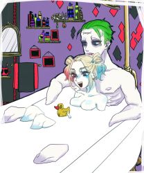 Rule 34 | 1boy, 1girl, bath, bird, convenient censoring, dc comics, dccu, duck, green hair, harley quinn, highres, nude, suicide squad, tagme, the joker, toy