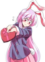 Rule 34 | 1girl, animal ears, blush, commentary request, flying sweatdrops, heart, highres, long hair, mana (gooney), purple hair, rabbit ears, rabbit girl, rabbit tail, red eyes, reisen udongein inaba, ribbon, solo, tail, touhou, valentine, very long hair, wavy mouth