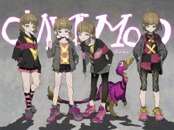 Rule 34 | 1other, 4girls, artist name, brown eyes, brown hair, demizu posuka, dinosaur, full body, gradient background, grey background, hands in pockets, leggings, leggings under shorts, looking at viewer, medium hair, multicolored clothes, multiple girls, original, pantyhose, shadow, shoes, short hair, shorts, sidelocks, signature, sneakers, standing, sweater, twintails