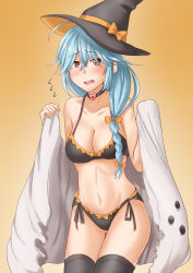 Rule 34 | 1girl, ahoge, anti (untea9), bikini, black bikini, black thighhighs, blue hair, blush, braid, brown hair, commentary request, ghost costume, hair ribbon, halloween costume, hamanami (kancolle), hat, highres, holding, kantai collection, long hair, open mouth, orange ribbon, ribbon, solo, swimsuit, thighhighs, witch hat