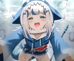 Rule 34 | 1girl, animal hood, blue eyes, blue hair, blue hoodie, blunt bangs, blurry, blush, blush stickers, bubble, commentary, depth of field, drooling, fangs, fins, fish tail, gawr gura, gawr gura (1st costume), half-closed eyes, highres, hololive, hololive english, hood, hoodie, looking at viewer, medium hair, multicolored hair, open mouth, ponnu (nikeytina), pov, saliva, shark hood, shark tail, sharp teeth, silver hair, smile, solo, streaked hair, tail, teeth, two-tone hair, underwater, virtual youtuber