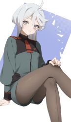 Rule 34 | 1girl, ahoge, arm support, asticassia school uniform, black pantyhose, blue background, blush, campbell xx, closed mouth, commentary request, crossed legs, feet out of frame, green jacket, green shorts, grey eyes, grey hair, gundam, gundam suisei no majo, hair between eyes, hand on own knee, highres, ibispaint (medium), invisible chair, jacket, light frown, long hair, long sleeves, looking at viewer, miorine rembran, pantyhose, pantyhose under shorts, school uniform, shorts, shoulder boards, sitting, solo, two-tone background, white background