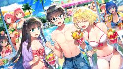 Rule 34 | 1boy, 6+girls, :o, ^ ^, antenna hair, arcueid brunestud, arima miyako, artoria pendragon (all), artoria pendragon (fate), bare legs, bare shoulders, bikini, black hair, blonde hair, blue bikini, blue eyes, blue hair, blue shorts, blush, bow, bow bikini, breasts, brown hair, ciel (tsukihime), cleavage, closed eyes, collarbone, competition swimsuit, cowboy shot, day, dutch angle, eating, fate/stay night, fate (series), finger to mouth, food, frilled bikini, frills, fruit, glasses, green eyes, hairband, harem, highres, hisui (tsukihime), holding, holding food, holding spoon, ice cream, jacket, kohaku (tsukihime), large breasts, long sleeves, looking at another, maid headdress, medium breasts, melty blood, melty blood: type lumina, midriff, multiple girls, navel, no scar, noel (tsukihime), official art, one-piece swimsuit, open clothes, open jacket, open mouth, orange eyes, outdoors, palm tree, parasol, pool, poolside, red hair, redrop, saber (fate), short hair, shorts, siblings, sidelocks, sisters, sitting, small breasts, spoon, standing, stomach, sweat, swimsuit, teeth, tohno akiha, tohno shiki, topless male, tree, tsukihime, tsukihime (remake), twins, umbrella, upper teeth only, white bikini, yumizuka satsuki