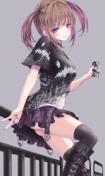 Rule 34 | 1girl, arm at side, black choker, black footwear, black shirt, black thighhighs, blush, boots, breasts, brown hair, can, choker, commentary request, eyelashes, feet out of frame, fence, from side, gluteal fold, grey background, grin, gyaru, hand up, head tilt, highres, holding, holding can, looking at viewer, medium breasts, medium hair, miniskirt, missile228, multicolored hair, nail polish, original, plaid, plaid skirt, pleated skirt, purple eyes, purple hair, purple nails, shirt, short sleeves, simple background, skirt, smile, solo, standing, streaked hair, thighhighs, thighs, tsurime, twintails, v